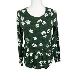 Hidden Alley Blouse Women Small Green Floral All Over Print Long Sleeve Peplum